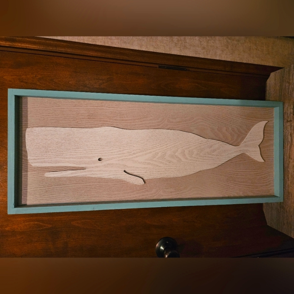Wood Whale Cutout Picture W/ Frame, 30" W X 12" H, Ltd Blue,  Grey,  White
